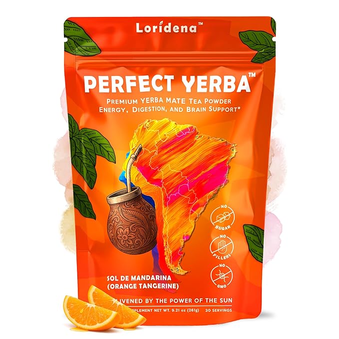 Perfect Yerba Instant Yerba Mate Tea Powder Drink – Orange Tangerine – Clean Energy + Focus + Gut Support (100mg Natural Caffeine Lion’s Mane L-Theanine Prebiotic + Probiotic + Enzymes) – 0g Sugar
