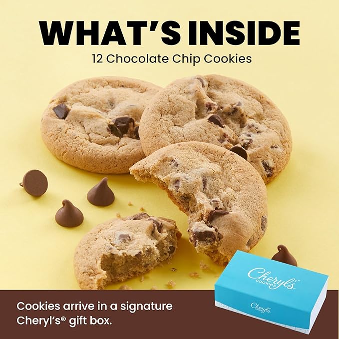 Cheryl's Cookies® Chocolate Chip Cookie Gift Box w/12 Soft &amp Chewy Chocolate Chip Cookies Individually Wrapped in Gift Box Kosher For Any Occasion Family Friends Loved Ones Coworkers
