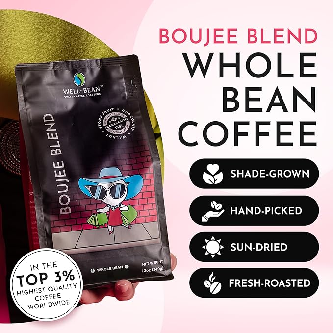Well-Bean Coffee - Boujee Blend Coffee Beans Brazil Colombia and Honduras Coffee Blend Antioxidant Rich Whole Bean Coffee Gluten-Free Keto Coffee Dark Roasted Coffee 2 lb