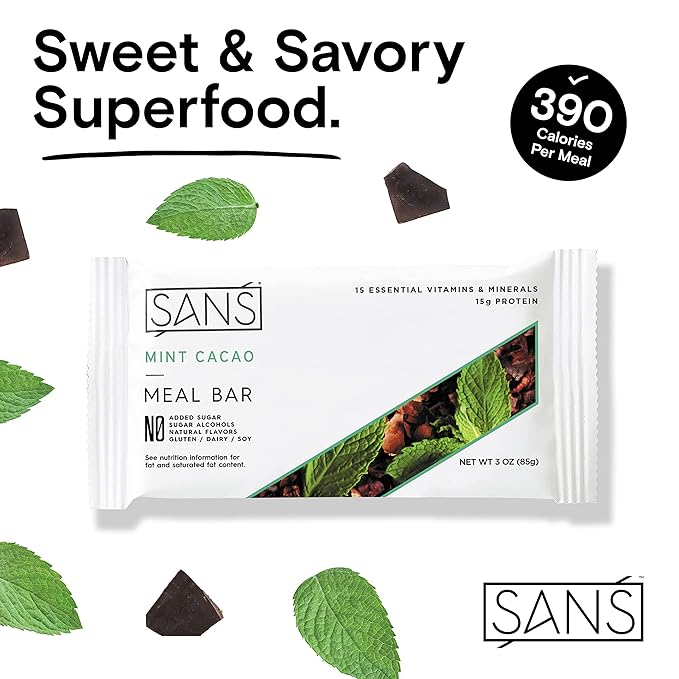 SANS Meal Replacement Protein Bar Gluten Free Healthy High Protein Snacks High Fiber No Sugar Added Dairy Free Soy Free Mint Cacao 12 Bars
