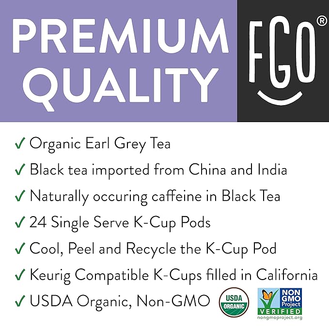 FGO Organic Earl Grey Tea K-Cup Pods for Keurig 24 Count (Pack of 1) Premium Black Tea is USDA Organic Non-GMO &amp Recyclable with Naturally Occurring Caffeine