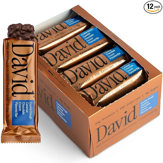 David Bronze High Protein Bars - Cookie Dough Caramel Chocolate Crunch Flavor - 0g of Sugar Low Carb Gluten Free - 20g of Protein 150 Calories - On-The-Go Snack Pack of 12