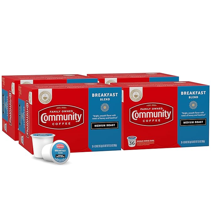 Community Coffee Breakfast Blend 144 Count Coffee Pods Medium Roast Compatible with Keurig 2.0 K-Cup Brewers (36 Count Pack of 4)