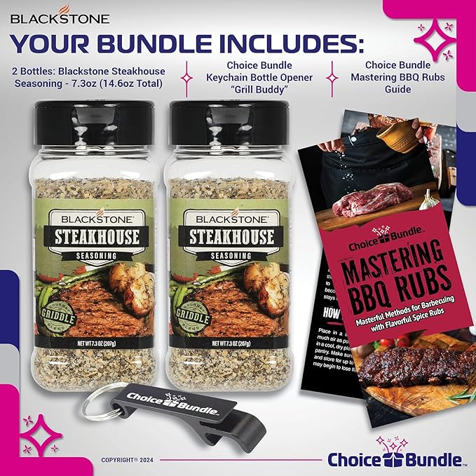 Blackstone Steakhouse Seasoning – Gourmet Griddle Premium Barbecue Rub 2 Pk (14.6 oz) + BBQ Masters &amp Opener (4 Items)!