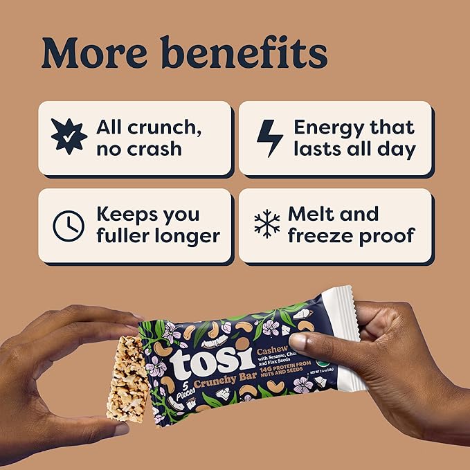 Tosi Meal Nut Bars Cashew Coconut Healthy Snacks for Adults &amp Kids Crunchy Plant Based Protein Bar (14G) Keto Snacks Vegan Gluten &amp Soy Free Low Sugar Omega 3s 2.4oz 12-Pack