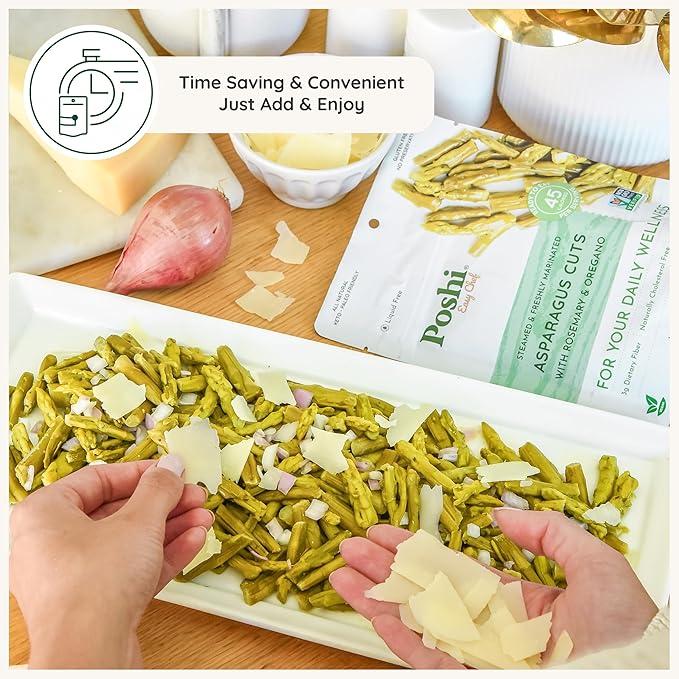 POSHI Marinated Asparagus Cuts with Rosemary + Oregano Natural Keto Vegan Non GMO Low Carb + Calorie Gluten Free Ready to Eat Fully Cooked Vegetables Pentry Food Gourmet Healthy 6 Pack 4.4oz
