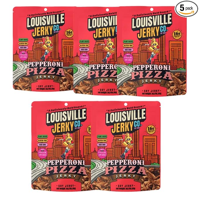 Louisville Vegan Jerky – Pepperoni Pizza Vegan and Vegetarian Friendly Meat - Lip-Smacking Jerky - Gluten-Free High Protein Vegan Snacks 19 grams of Non-GMO Soy Protein - 3 oz 5 Pack