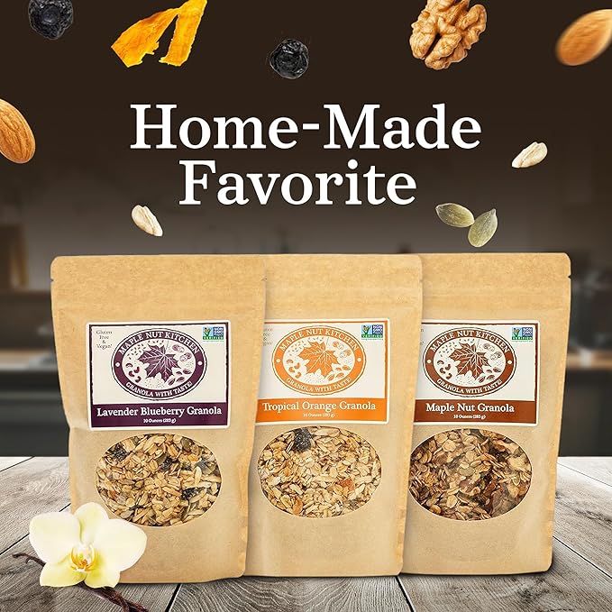 Maple Nut Kitchen Artisanal Variety Pack Granola Bites - Lavender Blueberry Tropical Orange Maple Nut Granola | 10 oz Each | Gluten-Free Vegan Delicious Breakfast Treats | 3-Pack