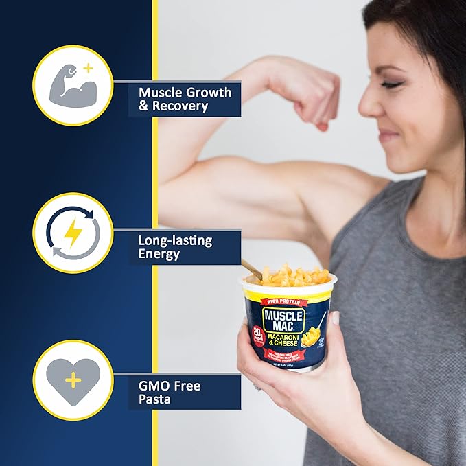 Muscle Mac Macaroni and Cheese Dinner with Real Cheese Microwaveable 20g of protein 3.6 oz per cup (Pack of 12)