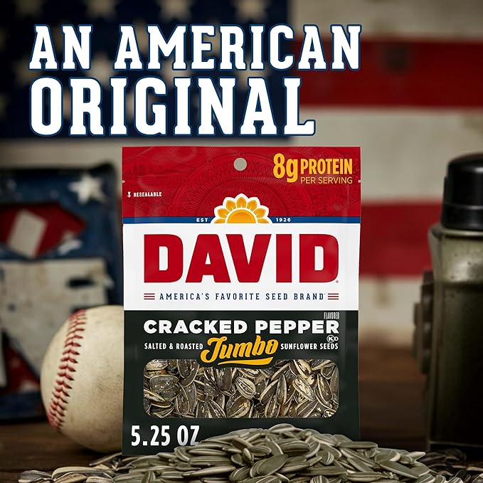DAVID Roasted and Salted Cracked Pepper Jumbo Sunflower Seeds Keto Friendly 5.25 oz 12 Pack