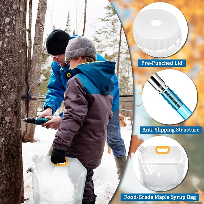 5 Sets Maple Syrup Tapping Kit Include Maple Syrup Taps 5L MapleSyrup Bags（Perforated &amp Non-perforated Two Types of Lids）16Ft Tubing Drill BitBrushMaple Tree Tapping Kit for Experts or Begin