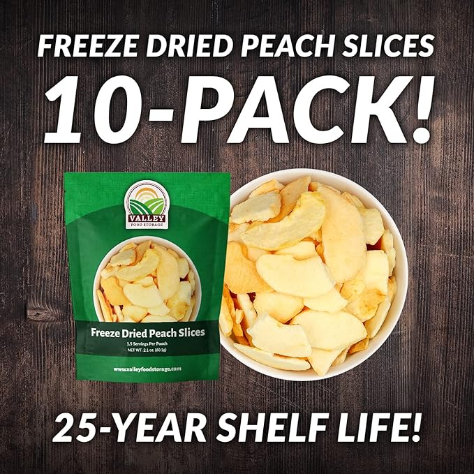 Valley Food Storage Freeze Dried Peach Slices | 10-Bag Bucket 21 oz | Non-GMO Premium Emergency Food Supply 25 Year Shelf Life | Prepper Supplies Survival Food Off-Grid Living | Packaged in USA