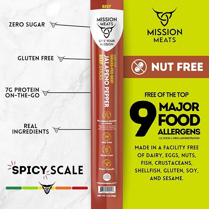 Mission Meats Beef Sticks – 100% Grass Fed &amp Pasture Raised Sugar Free Individually Wrapped Healthy Snacks Whole 30 &amp Paleo Friendly Jalapeno 1oz (12ct)