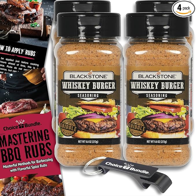 Blackstone Whiskey Burger Seasoning – Gourmet Griddle Premium Barbecue Rub 4 Pk (38.4 oz) + BBQ Masters &amp Opener (6 Items)!
