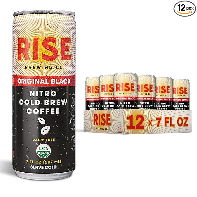 RISE Brewing Co. Original Black Nitro Cold Brew Coffee No Sugar Vegan Organic &amp Non-GMO Low Acidity 7 Fl. oz. Cans (12 Pack)