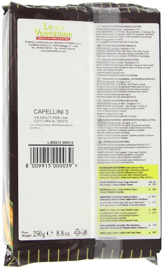 Le Veneziane Corn Pasta Capallini 250g [Pack of 4]