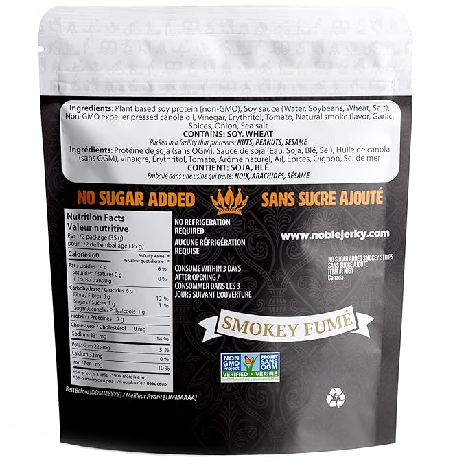 Noble Jerky - Keto Vegan Vegetarian Tender Plant Based Snack Smokey Strips Full Case 12 Bags (70 grams each)