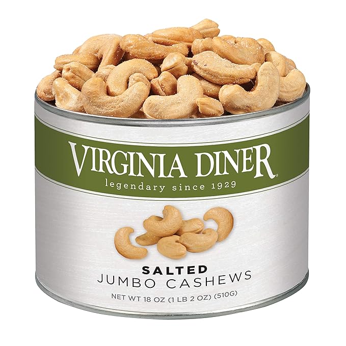 Virginia Diner Jumbo Salted Cashews - Non-GMO Preservative Free Gourmet Cashews Gift from Virginia Since 1929-18 Oz Can