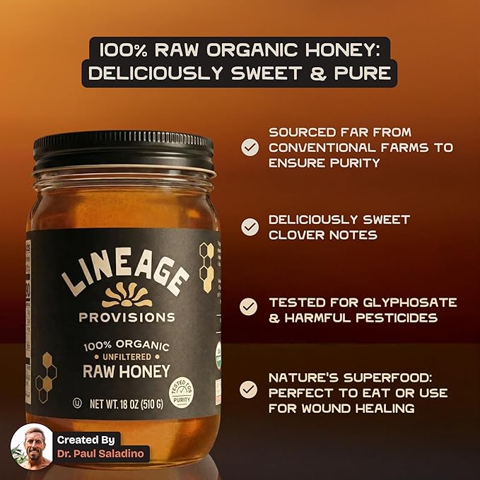 Lineage Provisions 100% Organic Raw Unfiltered Honey – 3-Pack (18 oz Glass Jars) – Undetectable Glyphosate Chemical-Free Gluten-Free &amp Non-GMO – Undergoes no heating processing straining or a
