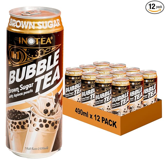 Inotea Bubble Tea with Tapioca Pearls - Delicious Instant Boba Tea - Ready-to-Drink Black Milk Tea - Comes in Large 16.6 oz Cans - Enjoy Real Boba Without the Long Lines - Brown Sugar - 12 pack