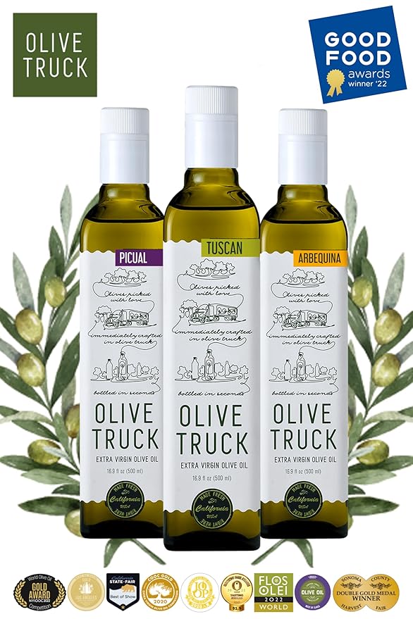 Olive Truck California Extra Virgin Olive Oil - Made from Early Harvest Olives Authentic &amp Filtered Glass Bottle Cold-Pressed High Polyphenol Olive Oil - Ascolano (Italian) 16.9 fl oz (Pack of