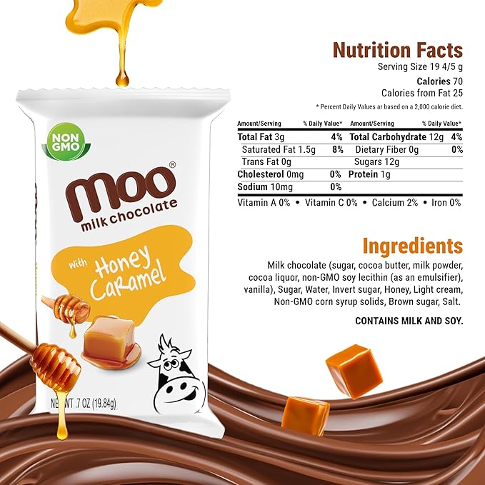 Moo Chocolates All Natural Milk Chocolate Mini Bars with Honey Caramel 0.7 oz 14 ct (Pack of 1) | 70 Calorie Snacks for On-the-Go Lunchboxes Office