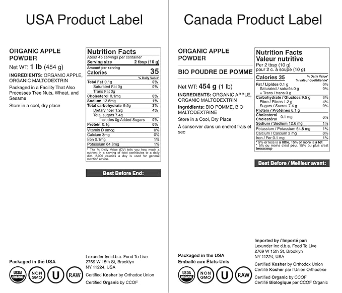 Food to Live Organic Apple Juice Powder 1 Pound - Non-GMO Unsulfured Raw Vegan Bulk Great for Juices Smoothies Yogurts and Instant Breakfast Drinks No Added Sugar No Sulphites
