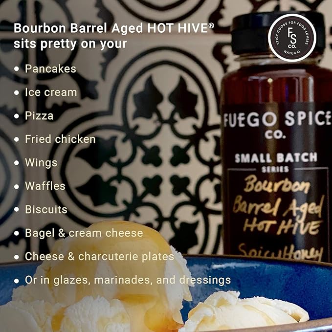 HOT HIVE Bourbon Barrel-Aged Spicy Honey by Fuego Spice - Custom Hot Sauce Gift Set Box - Aged in Award-Winning Bourbon Barrels with Organic Carolina Reaper - 12 oz. - Heat Level: Mild