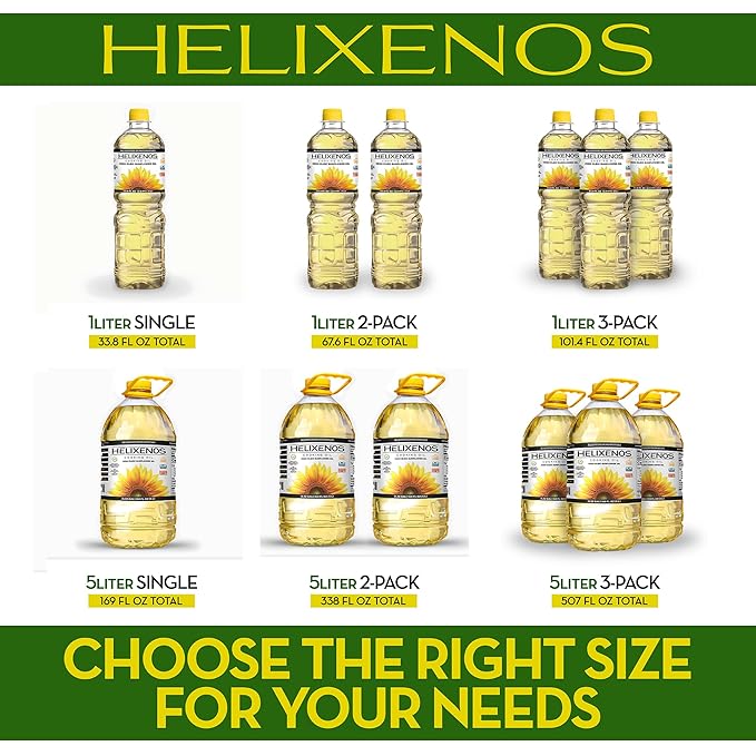 HELIXENOS High Oleic Sunflower Oil – Refined Deodorized &amp Winterized Non-GMO Gluten-Free Heart-Healthy Cooking Oil for Frying Baking Salad Dressing &amp Skincare (33.8 Fl Oz x2)