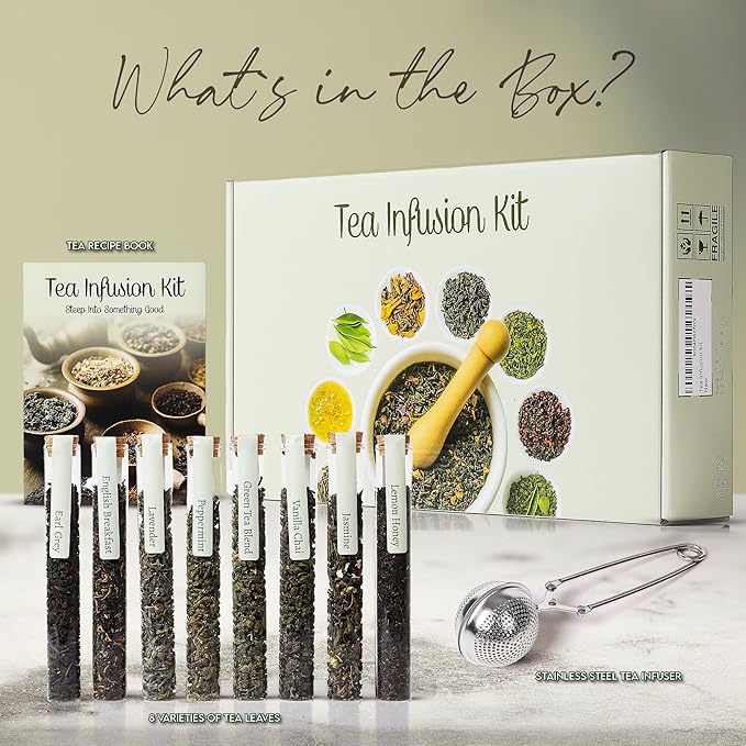 Loose Leaf Tea Sampler - Tea Gift Set Box – 8 Unique Flavors with Stainless Steel Infuser | Vanilla Chai Jasmine Lemon Honey &amp More | Tea Gift Set for Women and Men - Set of 9 - Valentine Gifts