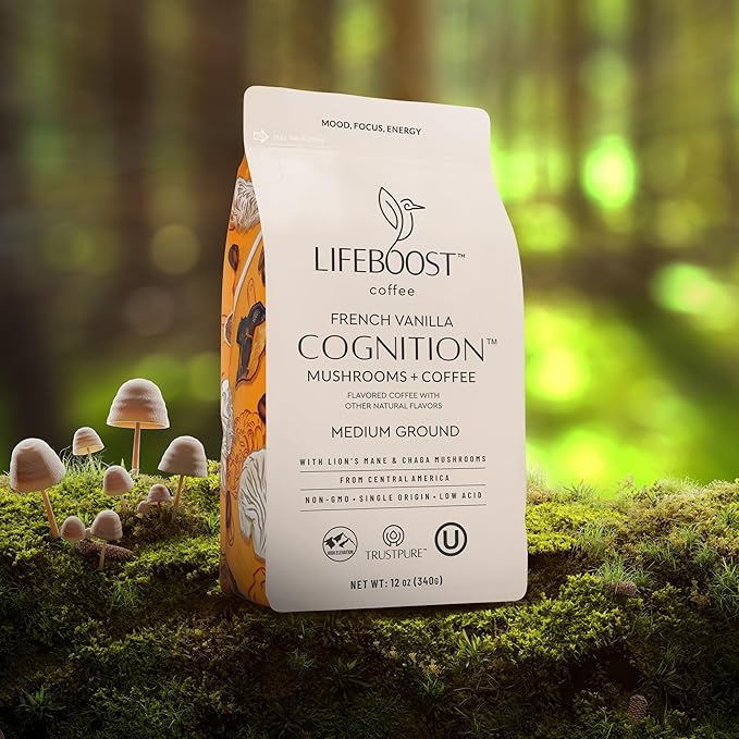 Lifeboost French Vanilla Cognition Mushroom Coffee - Low Acid Medium Organic Coffee with Nootropic Lions Mane &amp Chaga Mushrooms - Increase Energy Boost Focus &amp Immune Support - 12 oz Bag - Gr
