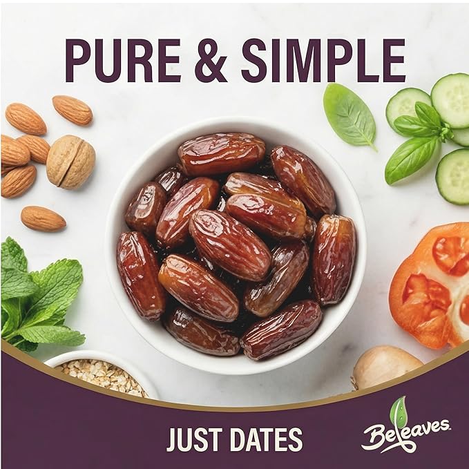 Beleaves Deglet Noor Pitted Power Dates 1.76 oz (12 Pack) | Single Serve Snack Pouches | Low Sodium High Fiber | Natural Energy Fruit Snack | No Added Sugar Gluten Free Vegan | Kosher