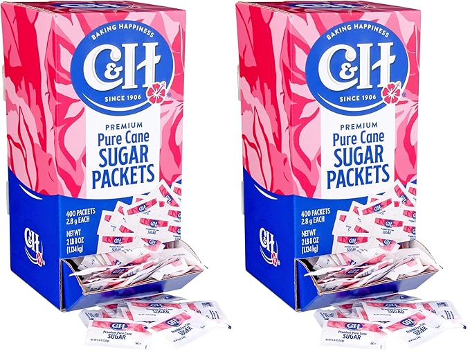 C&ampH Premium Pure Cane Sugar Packets 0.10 Ounce (2.8 Gram) NON-GMO Packets Pack of 800 in Dispenser Box