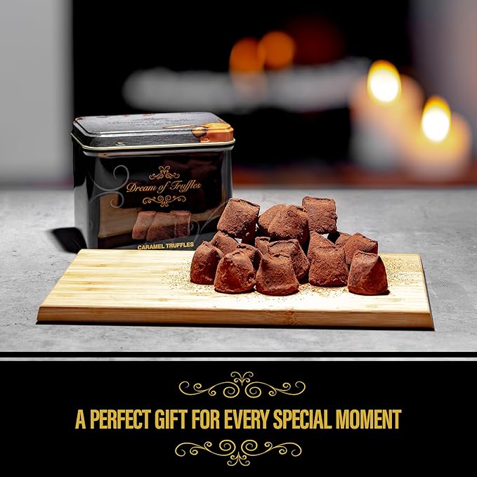 Dream of Truffles - Dark Cocoa Caramel Truffles | Sweet &amp Velvety Caramel Center | Smooth &amp Creamy texture | Dark Cocoa Dusted Candy Truffles in a Premium Gift Box | Made in Sweden | 200g
