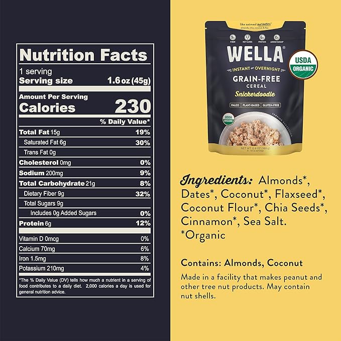 Wella Cereal Oatmeal Alternative Gluten-Free Breakfast Hot Cereal Grain-Free Paleo Organic Vegan High Protein Superfood Plant-Based Non-GMO Low in Net Carbs Single-Serve Packets Snickerdoodle Fl