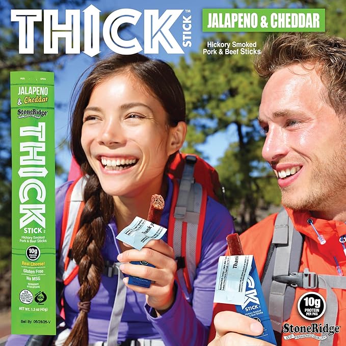 THICK STICK - STONERIDGE OLD-FASHIONED QUALITY JALAPENO &amp CHEDDAR - Hickory Smoked Pork and Beef Snack Sticks Gluten Free No MSG 15 Count THICK 1.5 oz Sticks High Protein Soy Free 15 Count