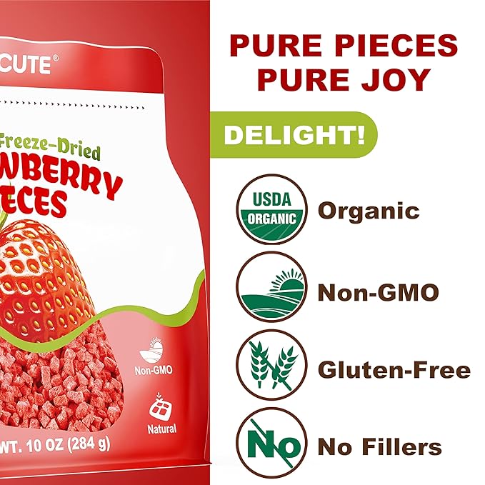 Organic Freeze Dried Strawberries Pieces - 10oz/284g Pack of 3 Crispy Dry Strawberry for Yogurt Smoothies Cereal &amp Baking | No Sugar No Additives &amp Natural Dehydrated Fruit Snacks for Kids