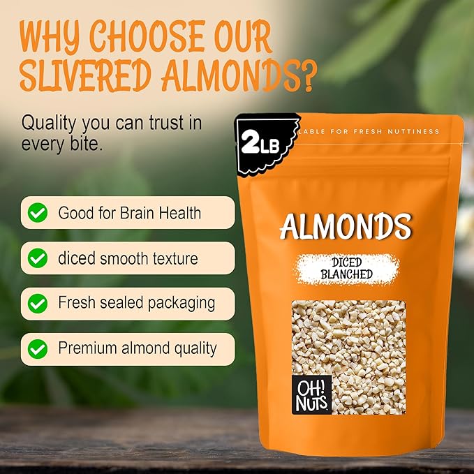 Oh! Nuts Almonds Diced Blanched - Raw - 100% Natural - 2 lb - High-Protein Diced Almonds - Packed in New York Zip-Seal Bag for Exceptional Freshness