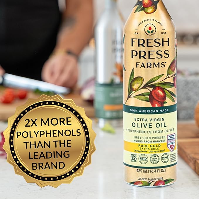 Fresh Press Farms Cold Pressed High Polyphenol Pure Gold Extra Virgin Olive Oil 16.4 Fl Oz (Pack of 2) Georgia Grown 100% American Made Unrefined Certified Whole30 Non-GMO Keto Paleo Gluten F