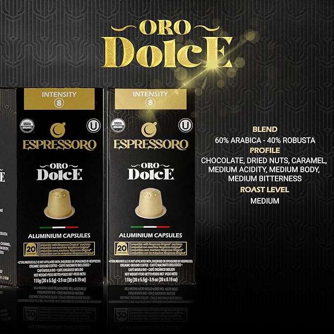 ESPRESSORO 20 USDA Organic Espresso Pods - DOLCE Aluminum Capsule Compatible with Nespresso Original Lines Machines. Intensity 8 Premium Italian Expresso Coffee Capsules