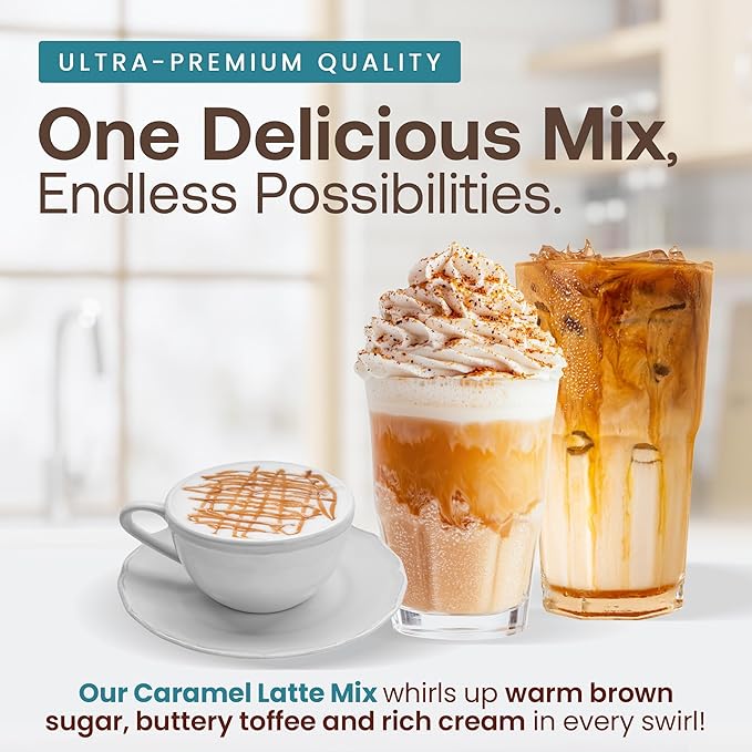 Dr. Smoothie Café Essentials Caramel Latte – No Artificial Colors Flavors Sweeteners – Shelf Stable – 28mg of Caffeine per Serving – Great for Hot Iced &amp Frozen Frappes (3.5 lb Bag 26 Serving