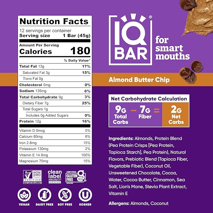 IQBAR Clean Plant Protein Bars - Almond Butter Chip - 12 Count - Keto Vegan High Fiber Gluten and Dairy Free Low Sugar Snack - Brain and Body Nutrients for Focus Energy Meal Replacement