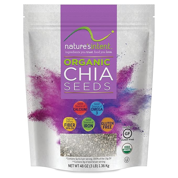 Nature's Intent Organic Chia Seeds - 3lb Bag - USDA Organic Non-GMO Vegan Gluten-Free Kosher Keto &amp Paleo - Good Source of Calcium Omega 3 and Iron - for Salads Yogurt &amp Smoothies