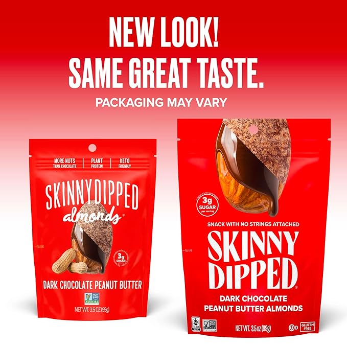 SkinnyDipped Dark Chocolate Peanut Butter Almonds Healthy Snack Plant Protein Gluten Free 3.5 oz Resealable Bags (Pack of 5)