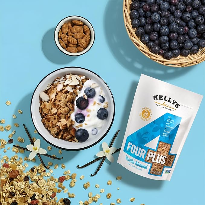 Kellys Four Plus Granola Cereal | Vanilla Almond Healthy Granola for Yogurt | Hand Made Organic Snacks for Breakfast - 12 oz (Pack of 6)