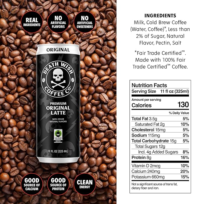 Death Wish Coffee Iced Coffee Cold Brew 8g Protein Fair Trade (Original Latte)