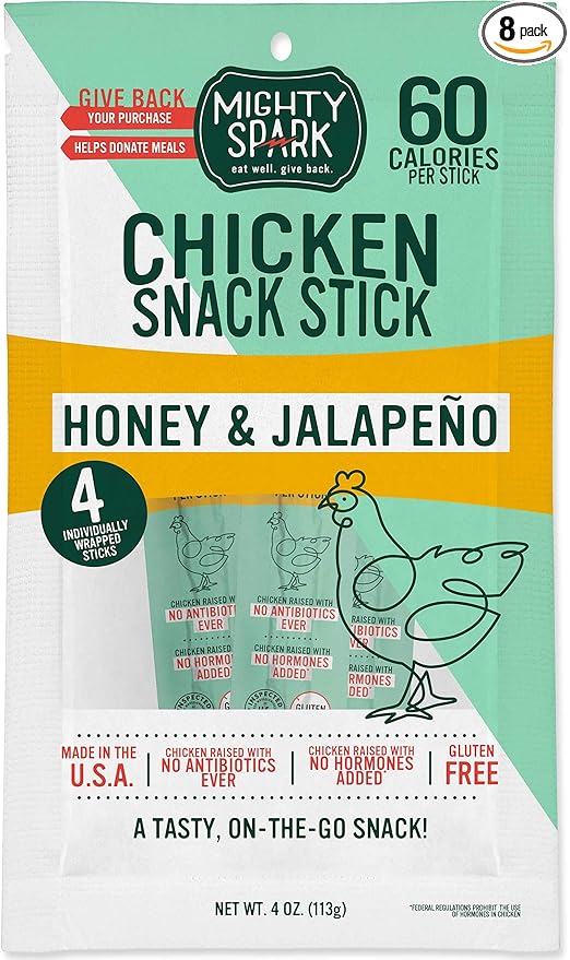 Mighty Spark Chicken Snack Sticks Honey &amp Jalapeño 60 Calories per Stick Gluten Free 4 Sticks 4 Ounce (Pack of 8)