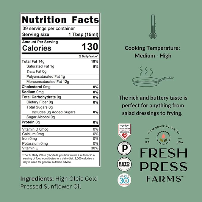 Fresh Press Farms Cold Pressed Extra Virgin Sunflower Oil 16.4 Fl Oz (Pack of 2) High Oleic Georgia Grown 100% American Made Unrefined Certified Whole30 Non-GMO Keto Paleo Gluten Free