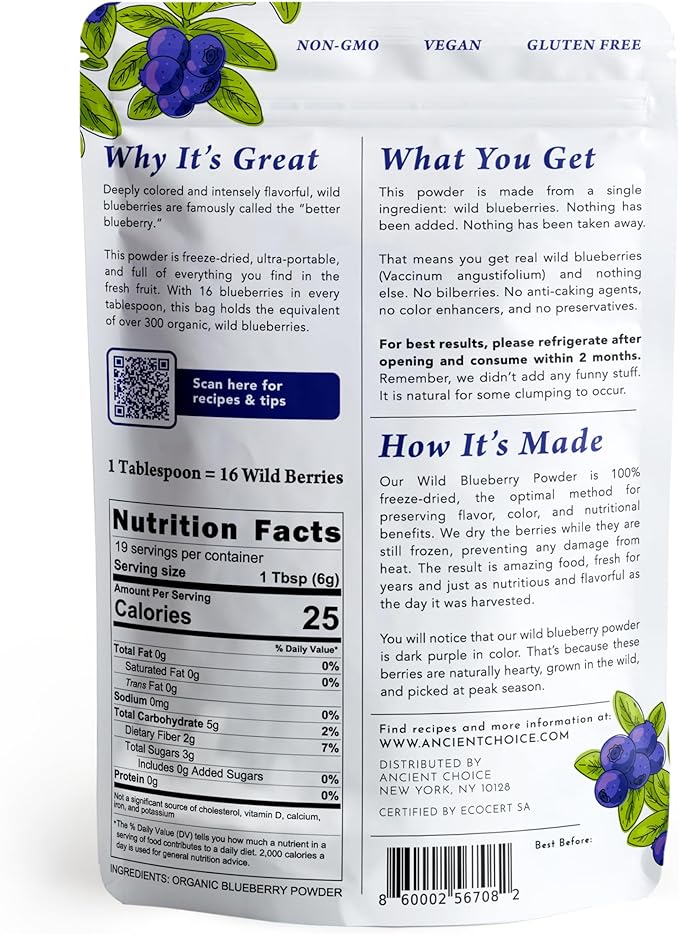 Ancient Choice - Wild Blueberry Powder (4 ounces) | USDA Organic | Freeze Dried | Non-GMO | Sourced From Pristine Countryside | Vegan Superfood | Vegetarian | Smoothie | Baking | Fiber | Prebiotic