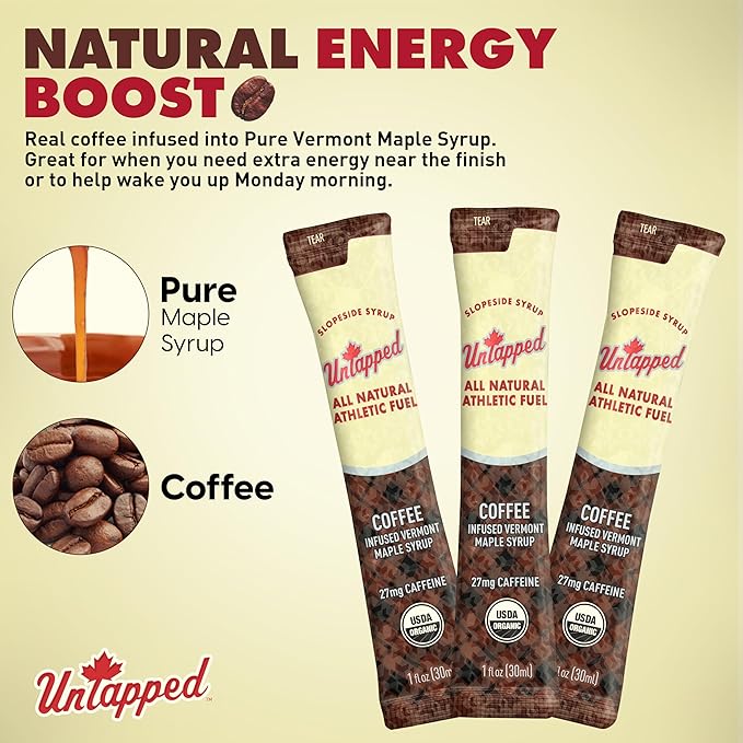 UnTapped Coffee Infused Vermont Maple Syrup Packets for Athletes Box of 20-1 fl oz | Pure Maple Syrup with Organic Coffee for Natural Endurance Energy | Fuel to Keep You Running Longer